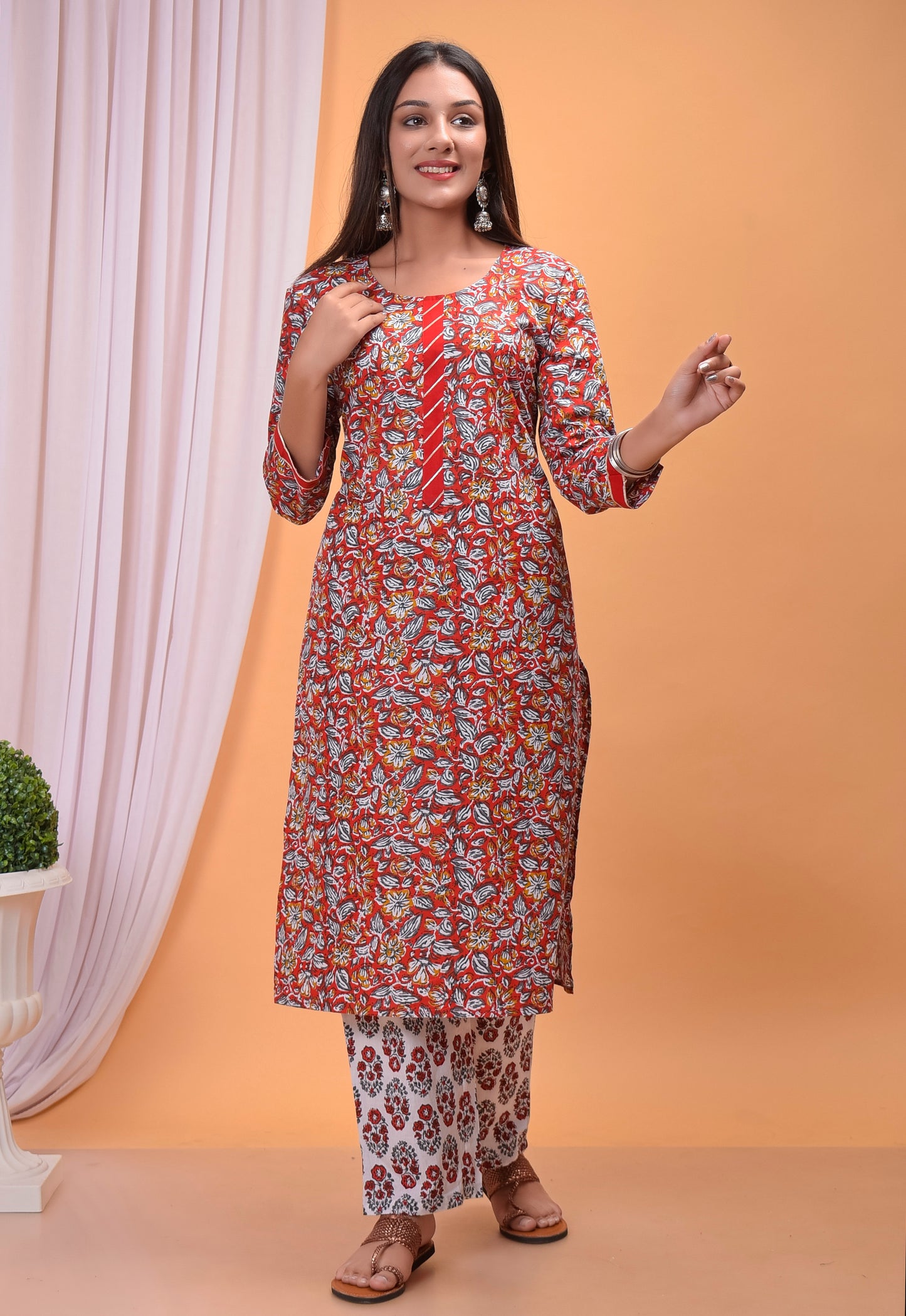 Printed Red Cotton Kurta and Palazzo Set
