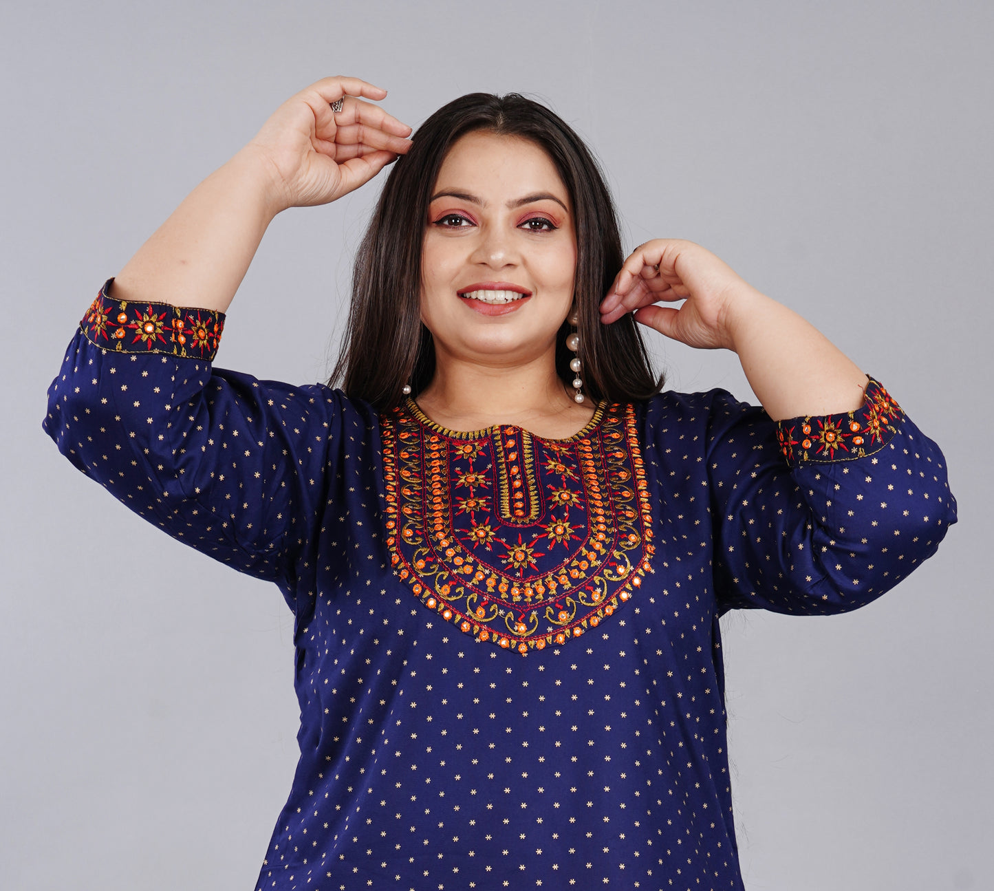 Plus size Trendy Blue Embroidered Kurti