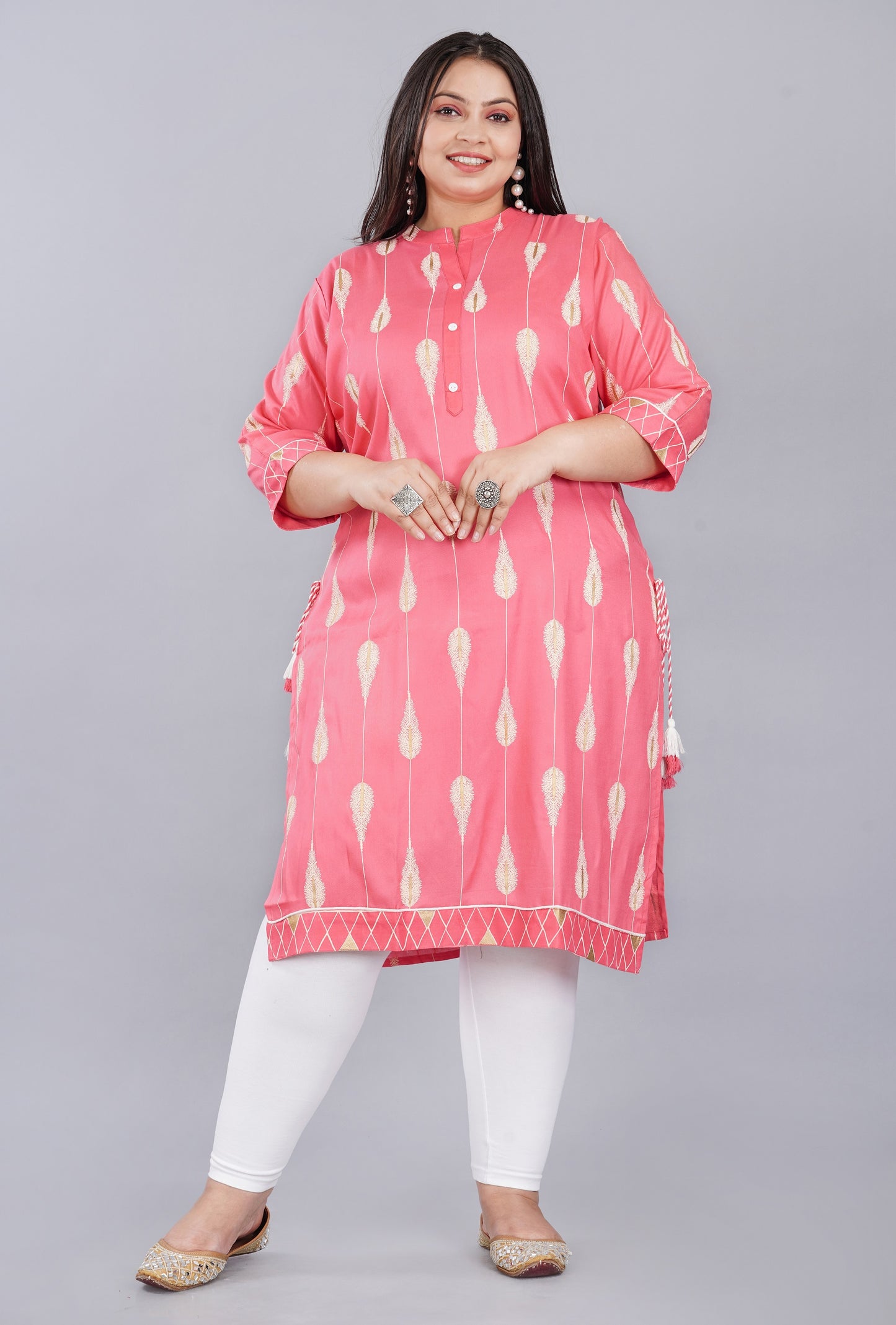 Plus Size Pink Printed Kurti with dori