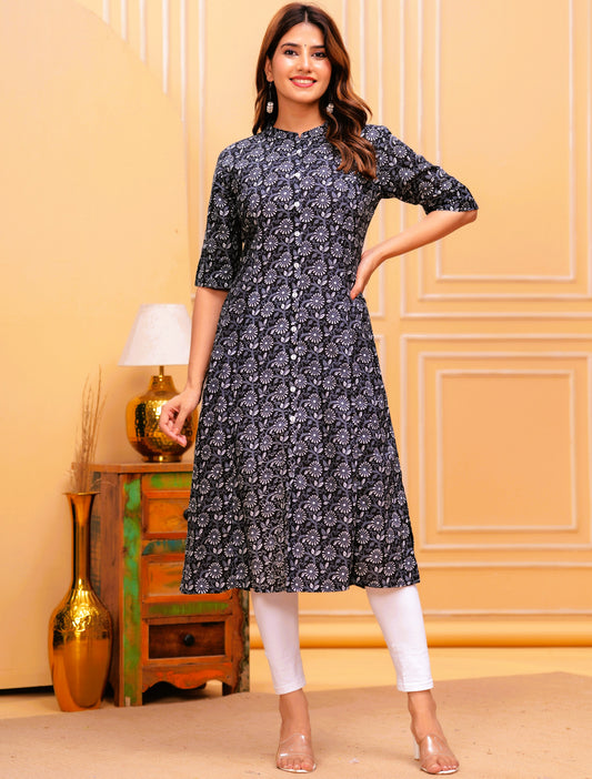 Women Black Cotton Floral A-Line Kurta