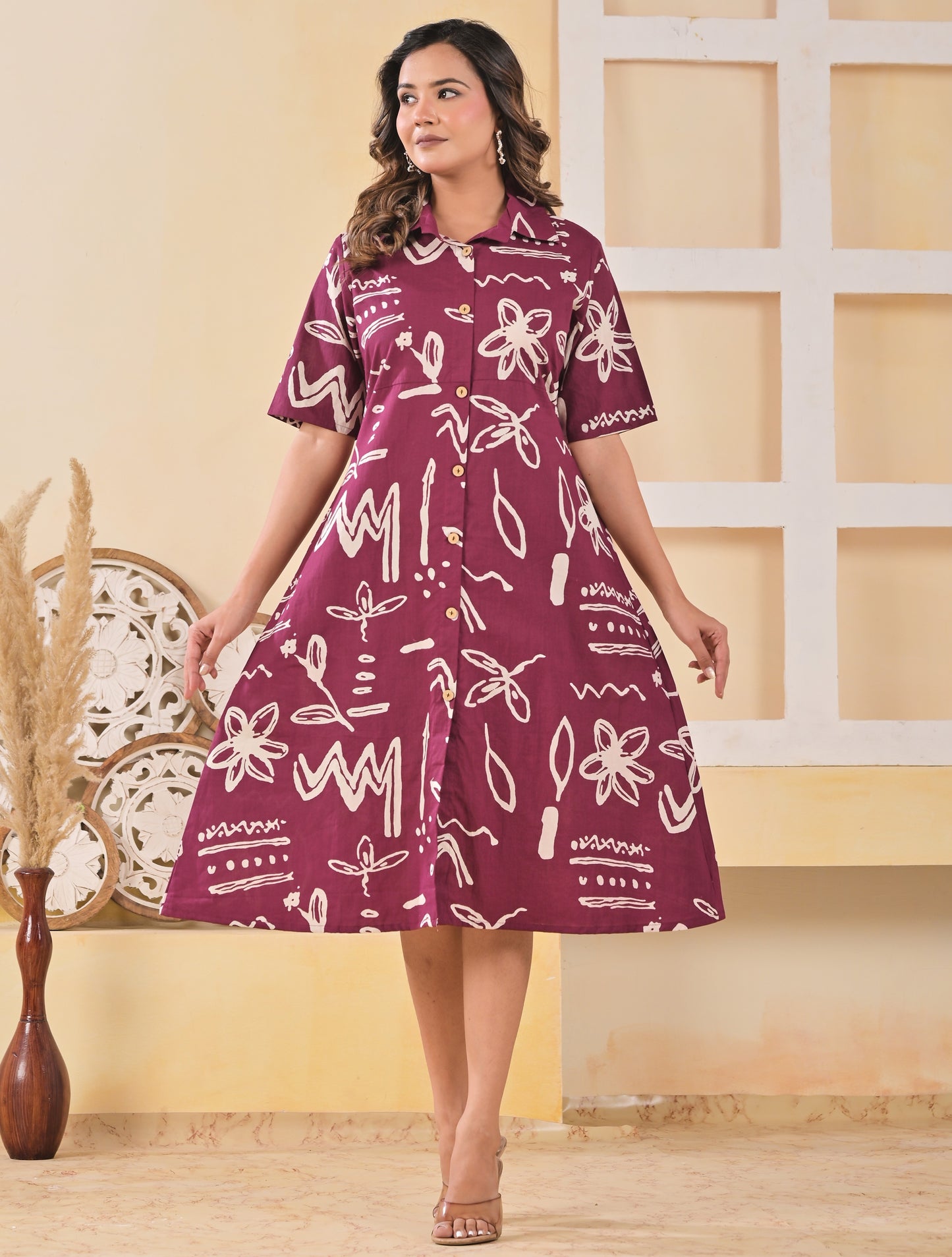Wine Red Floral Cotton designer dress
