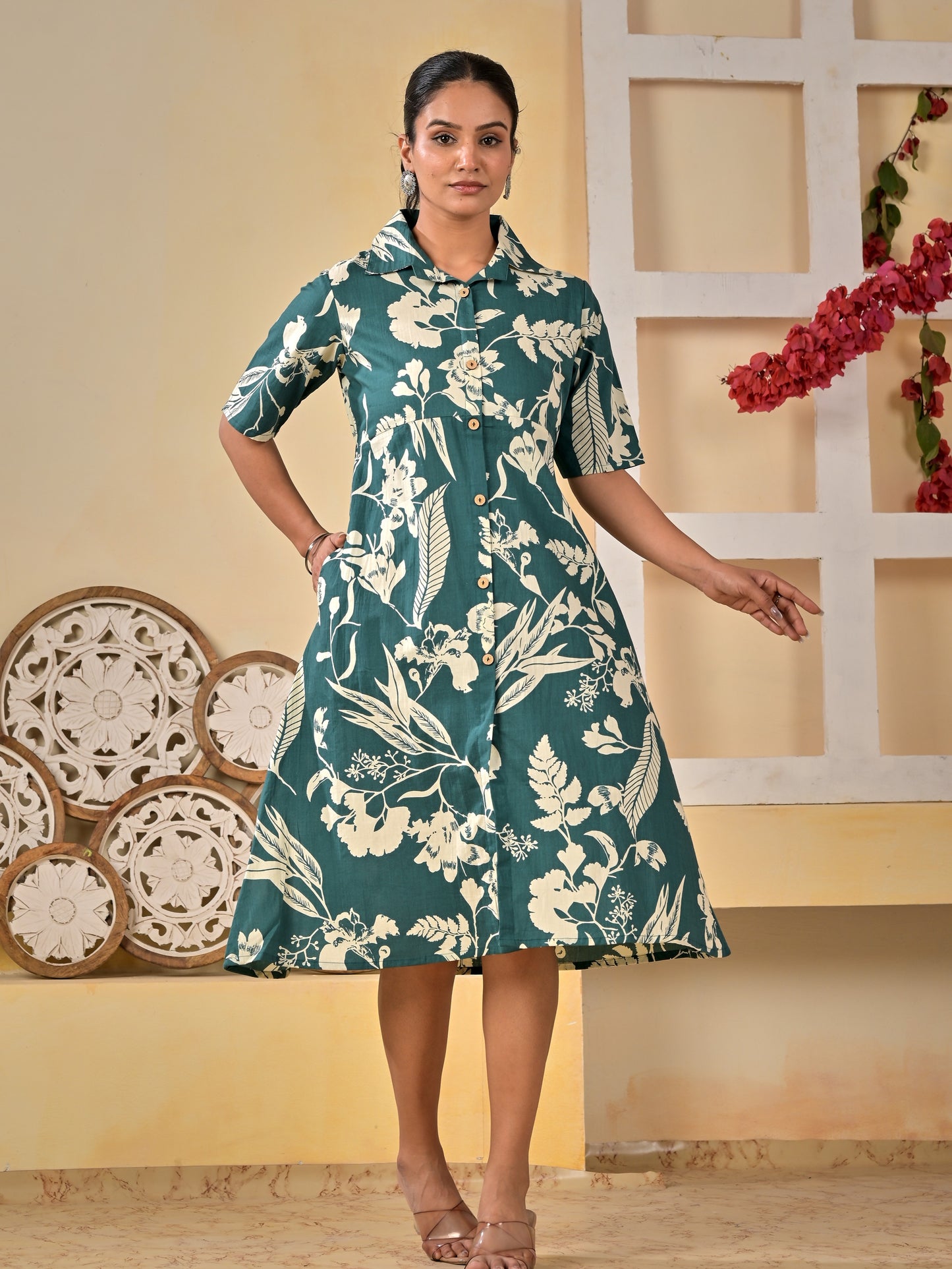 Rama Green Floral Cotton designer dress