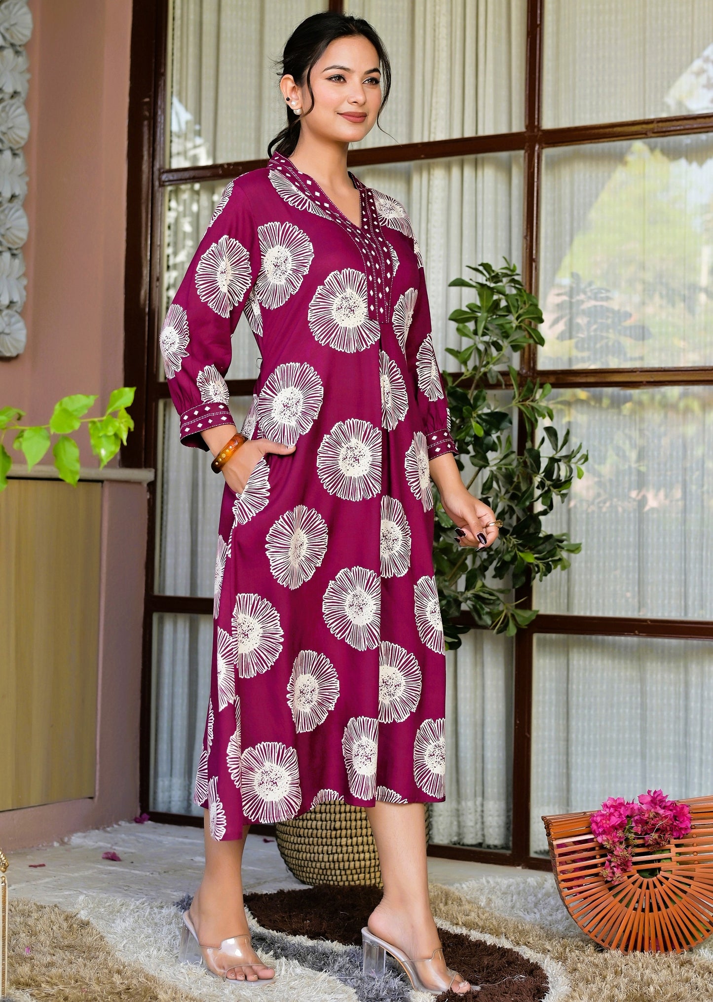 Maroon Floral designer Kurti with Pocket