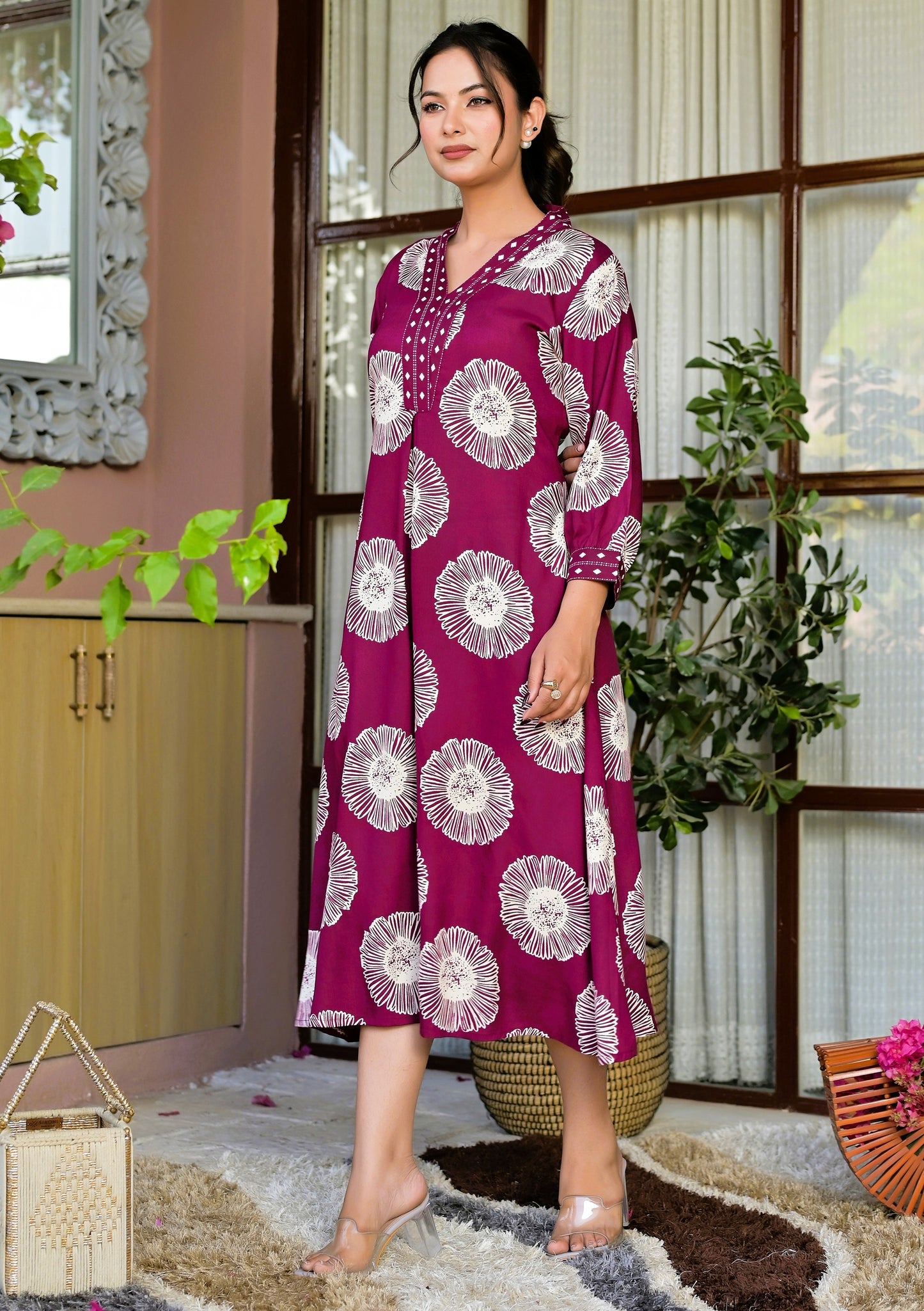 Maroon Floral designer Kurti with Pocket