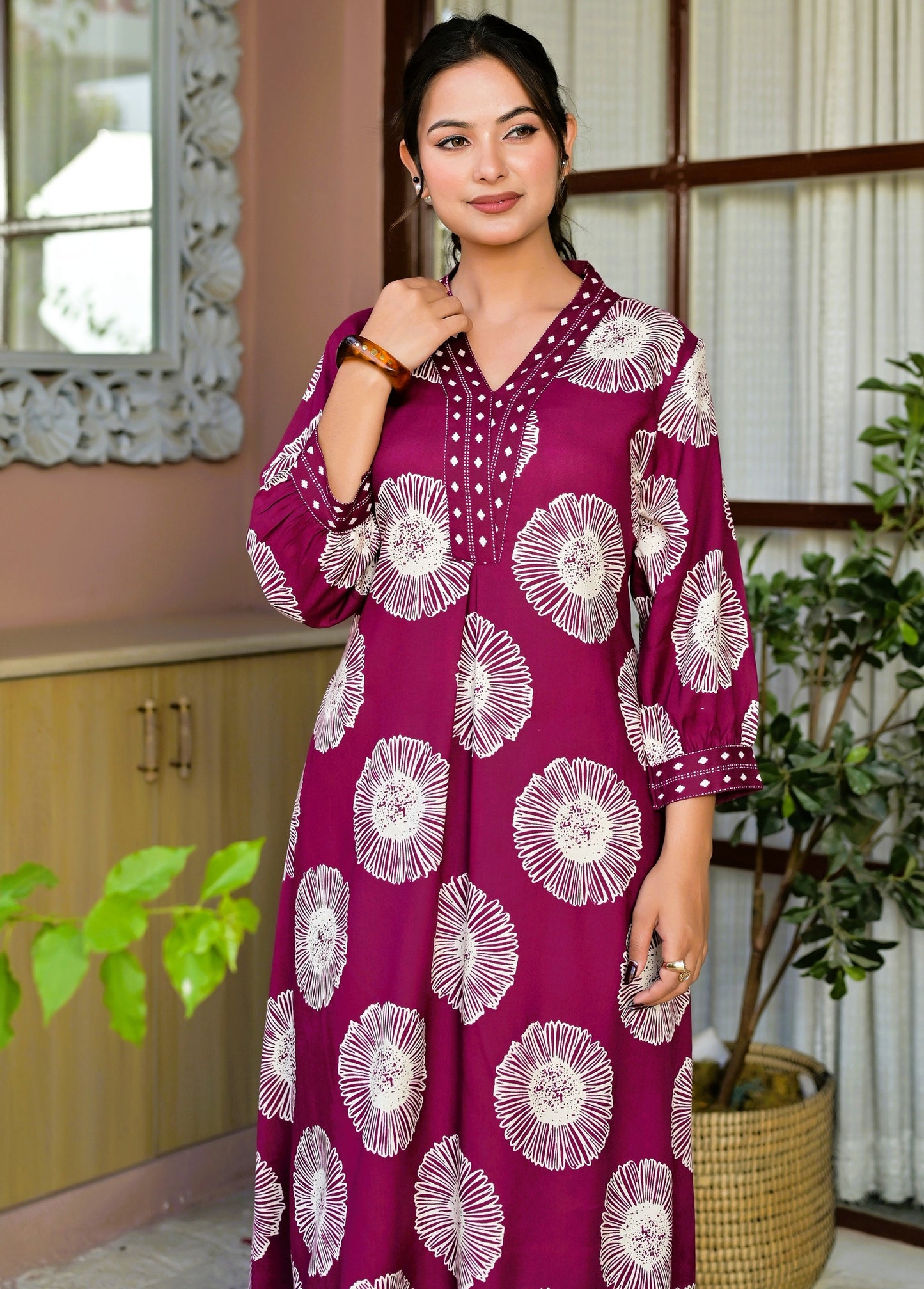 Maroon Floral designer Kurti with Pocket