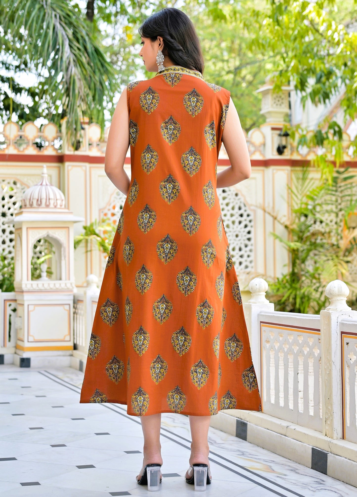 Orange Floral Sleeveless Kurti with Pocket