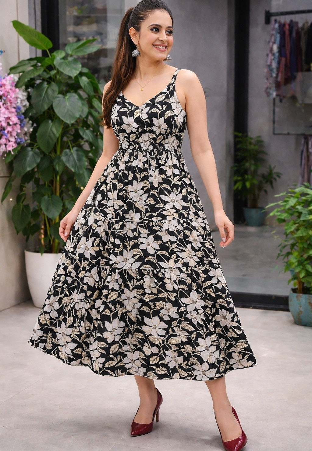 Designer sleeveless black floral dress with Pocket