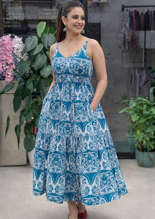 Designer sleeveless Sky Blue dress with Pocket