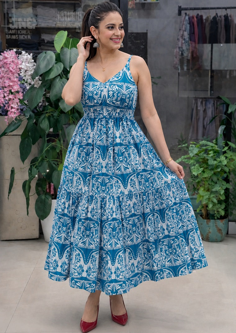 Designer sleeveless Sky Blue dress with Pocket