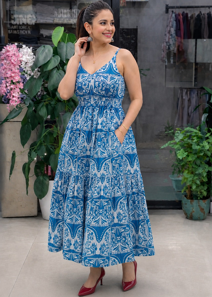 Designer sleeveless Sky Blue dress with Pocket