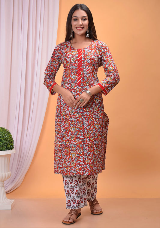 Printed Red Cotton Kurta and Palazzo Set