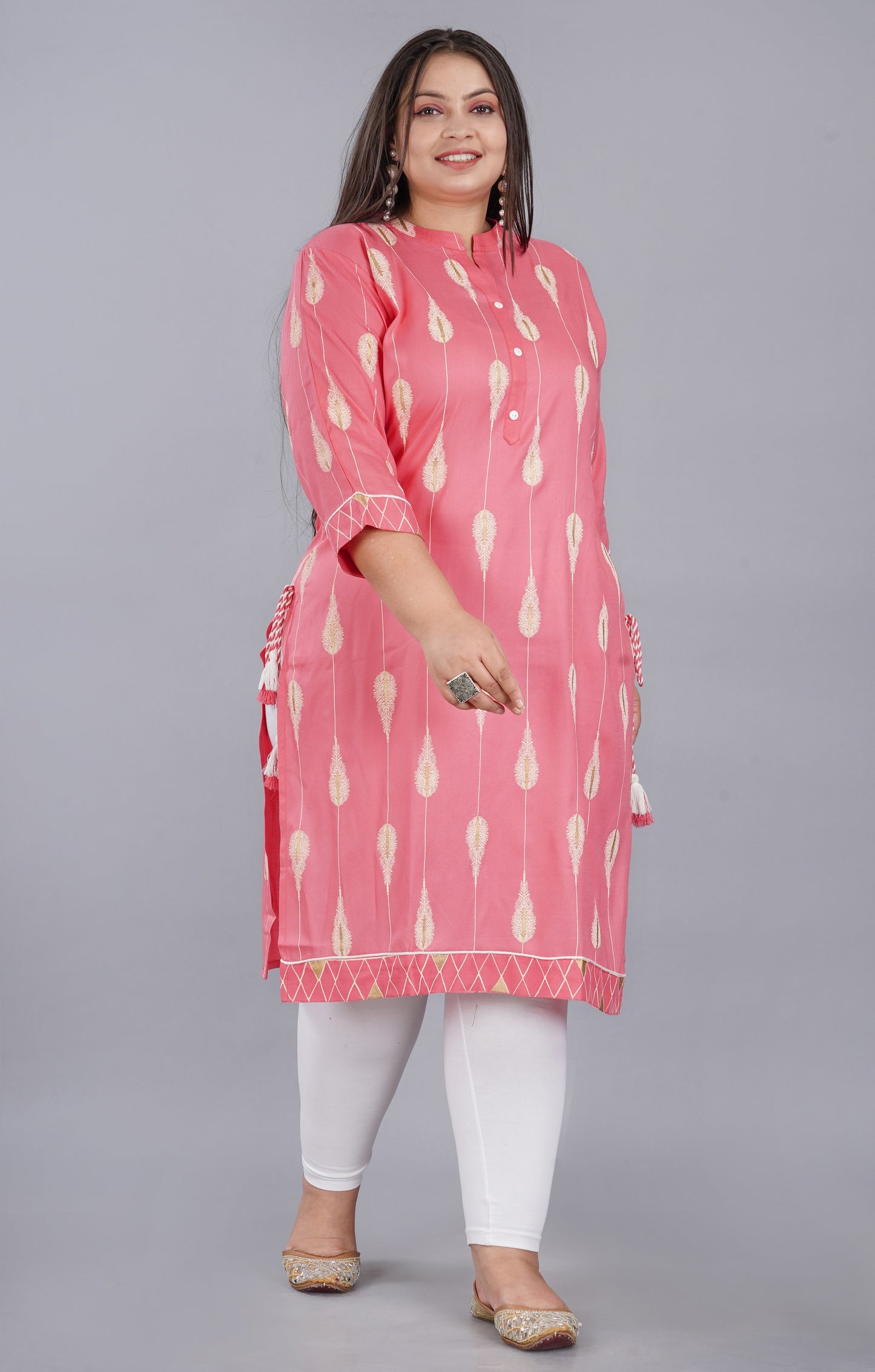 Plus Size Pink Printed Kurti with dori