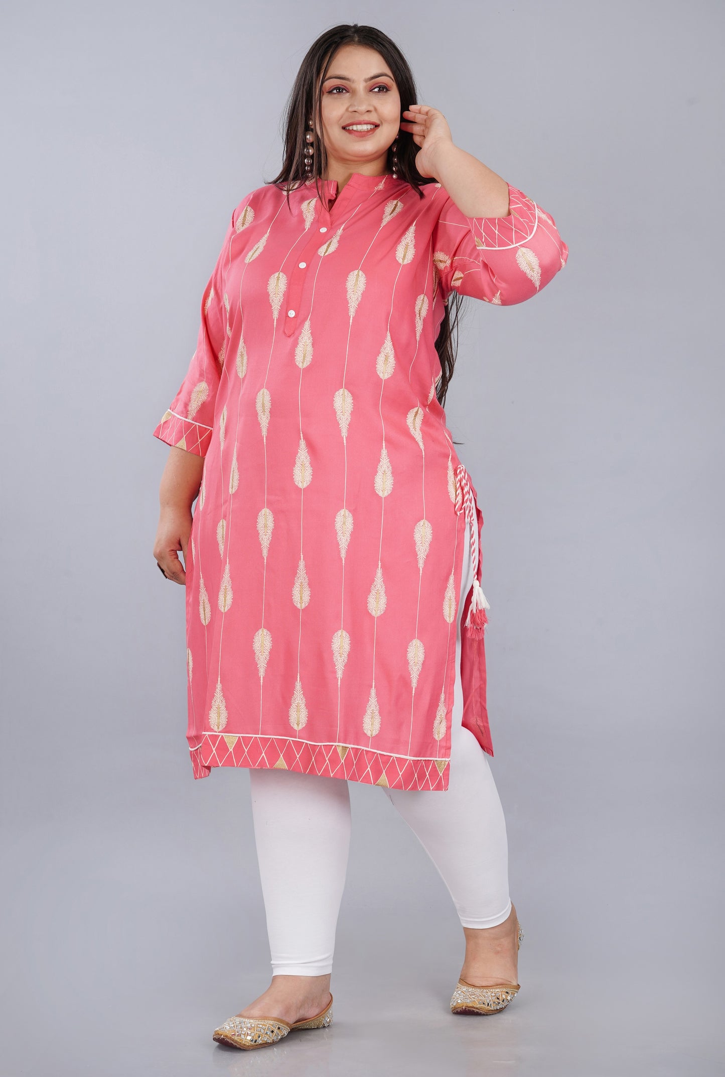 Plus Size Pink Printed Kurti with dori