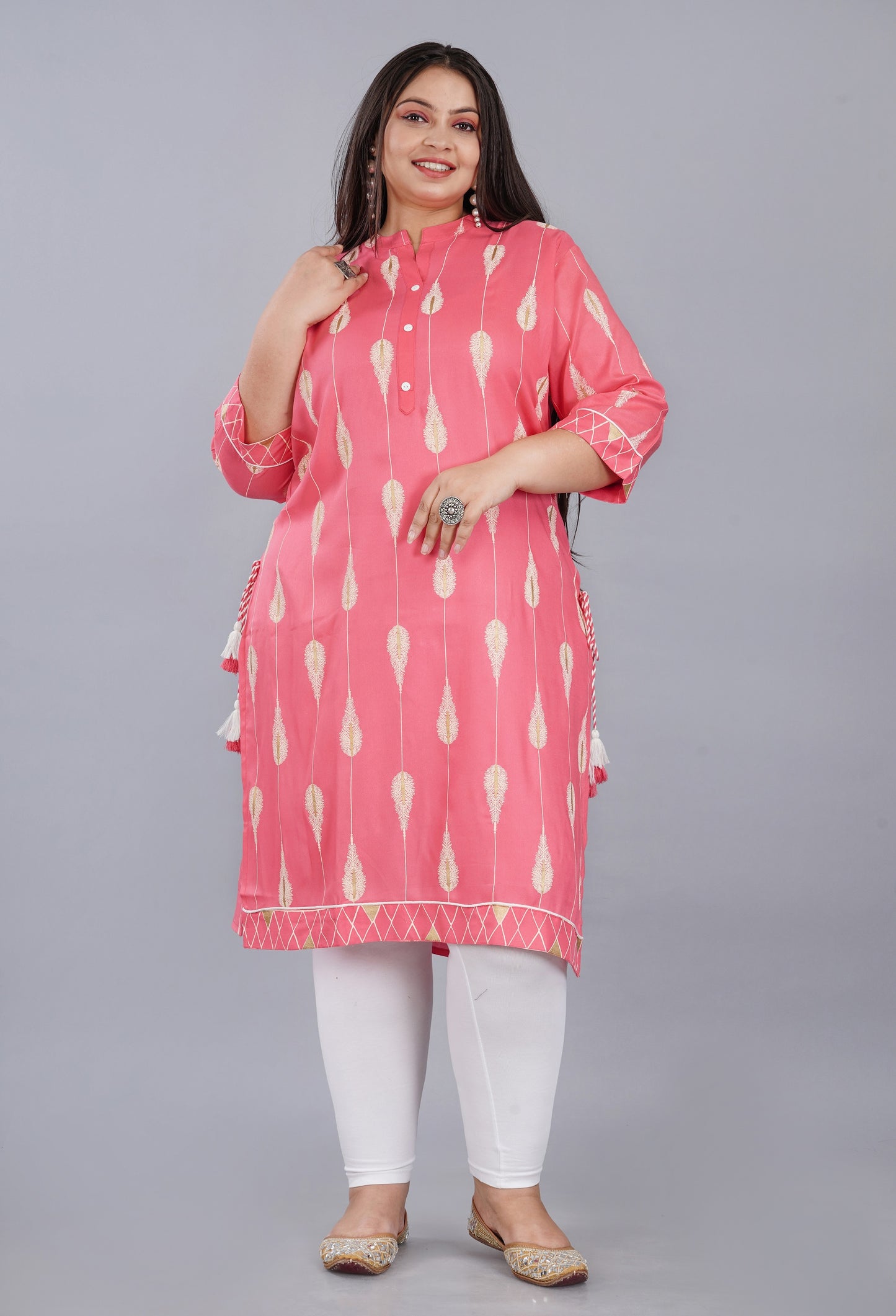 Plus Size Pink Printed Kurti with dori