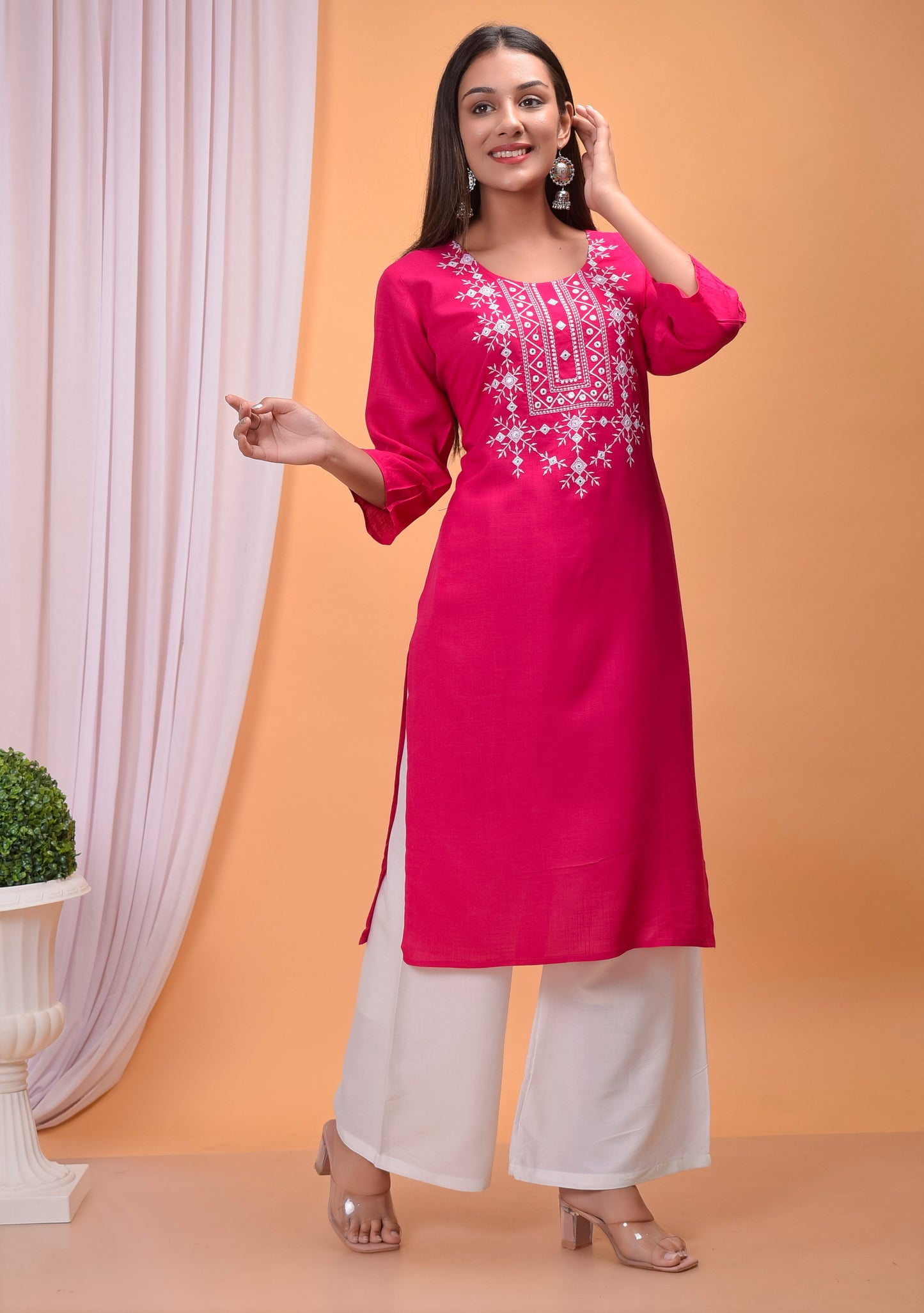 Pink Embroidered Kurta, Palazzo Dupatta Set