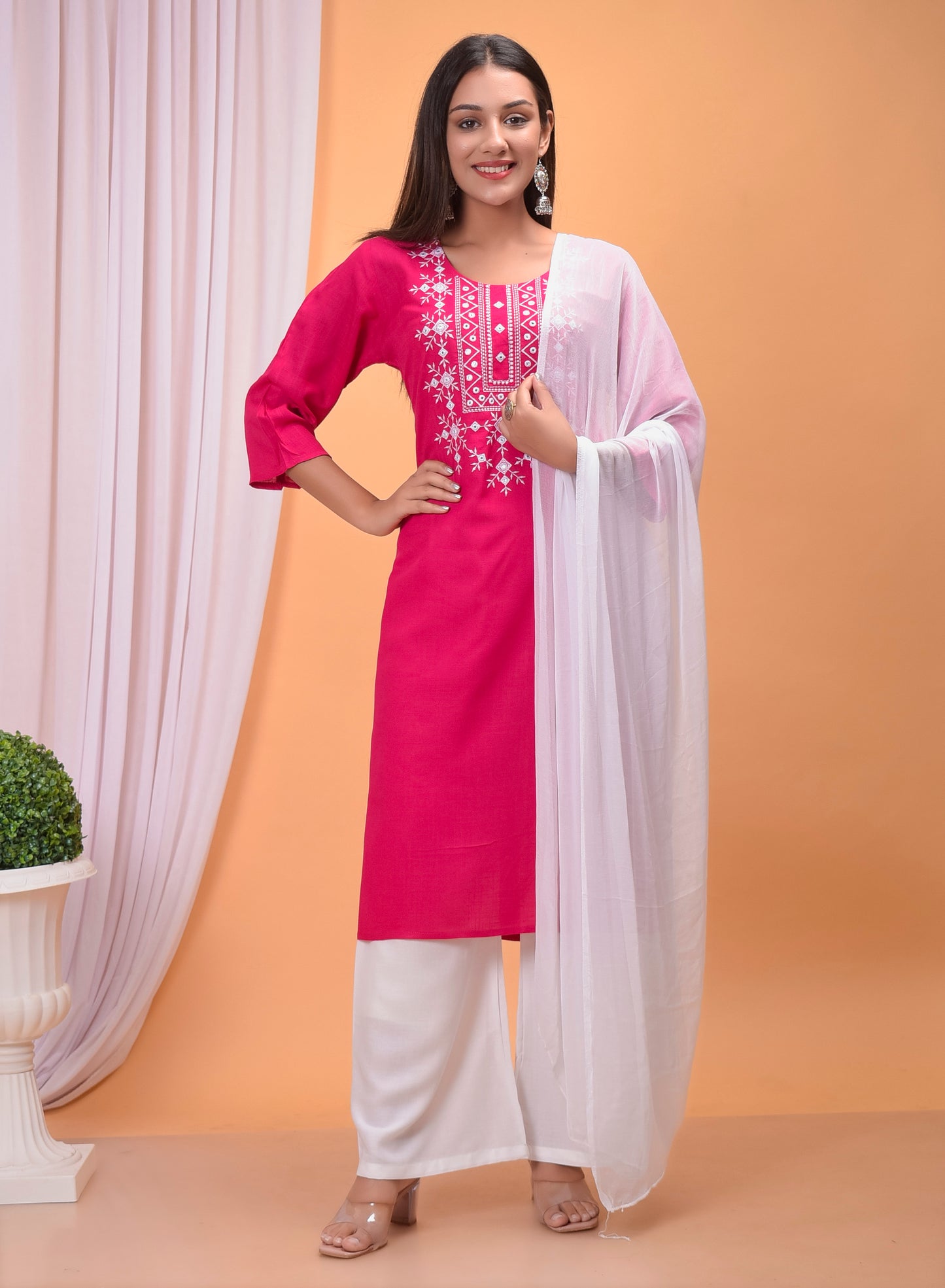 Pink Embroidered Kurta, Palazzo Dupatta Set