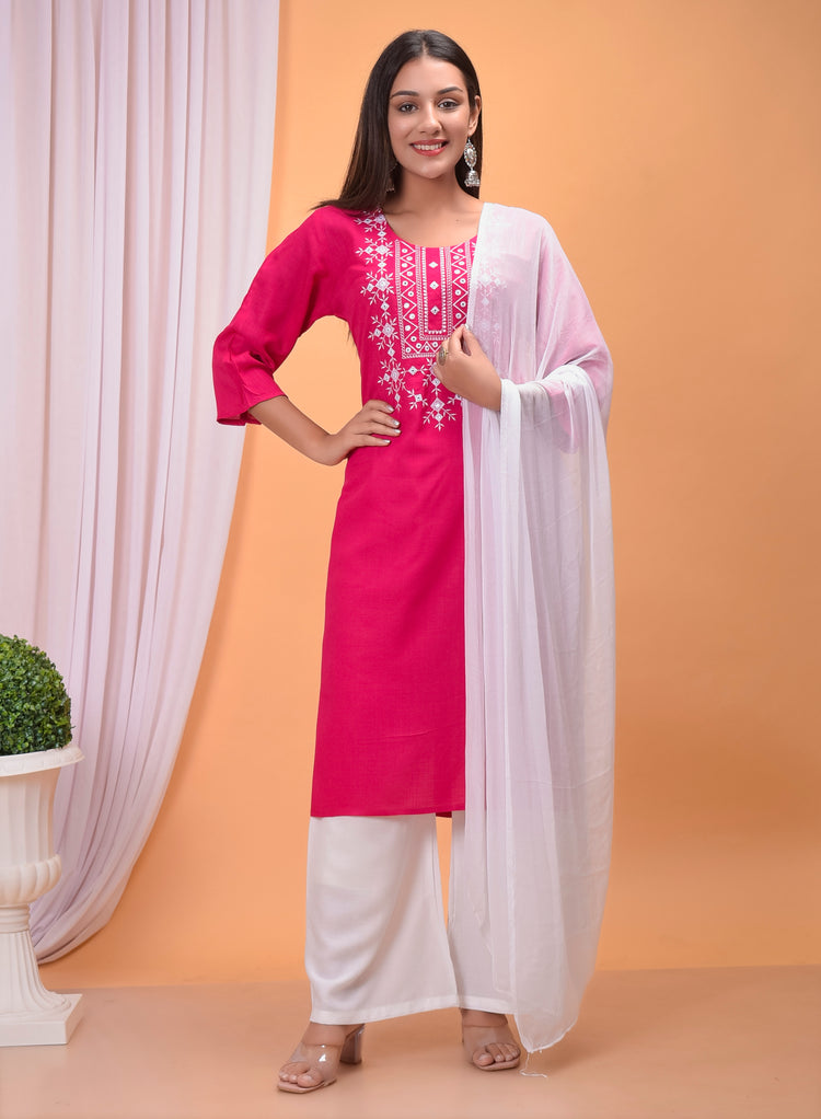 Charming Pink Cotton Kurti Set with Pants and Dupatta - Kiana Fashion |  Kiana Fashion