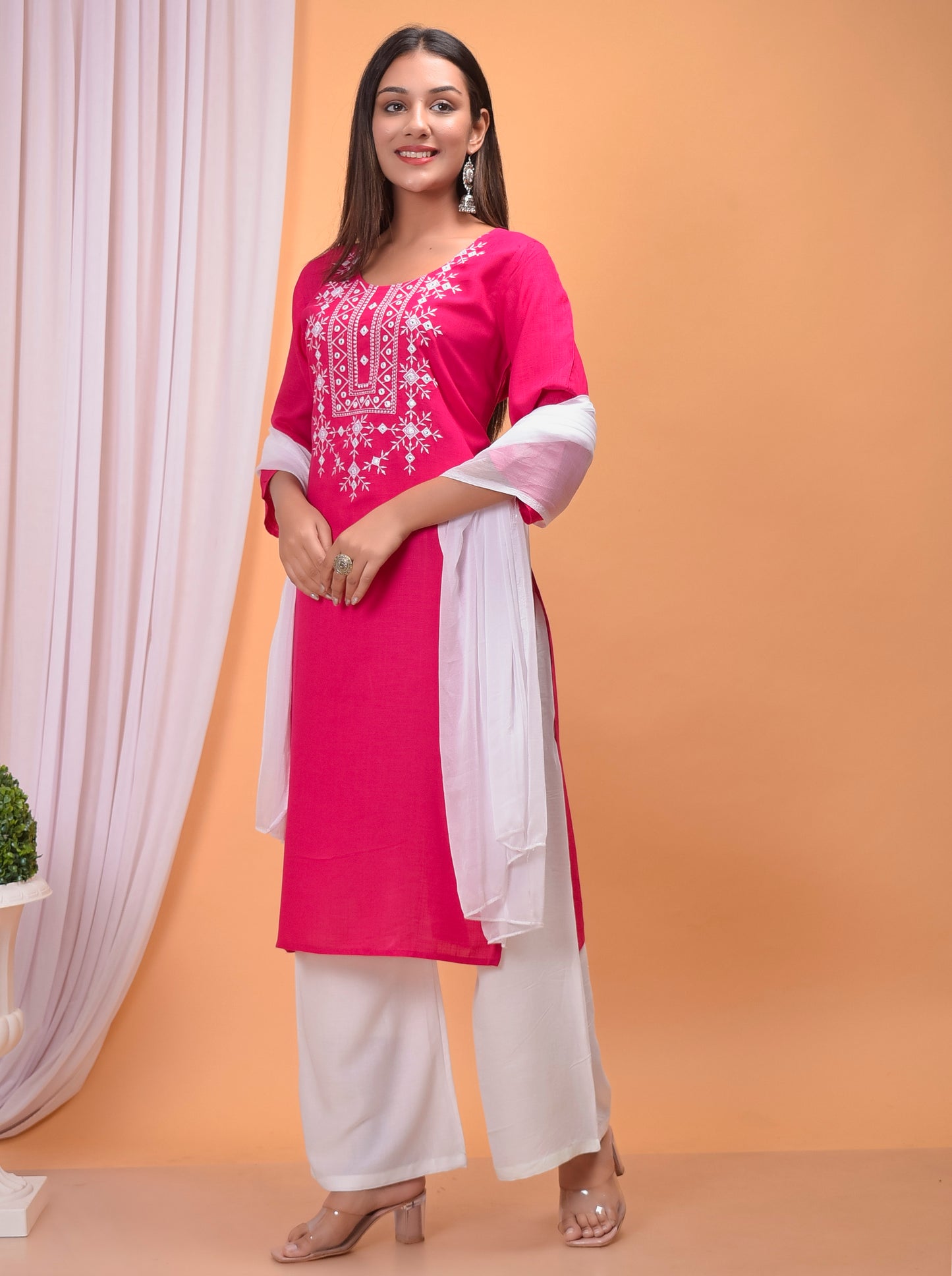 Pink Embroidered Kurta, Palazzo Dupatta Set