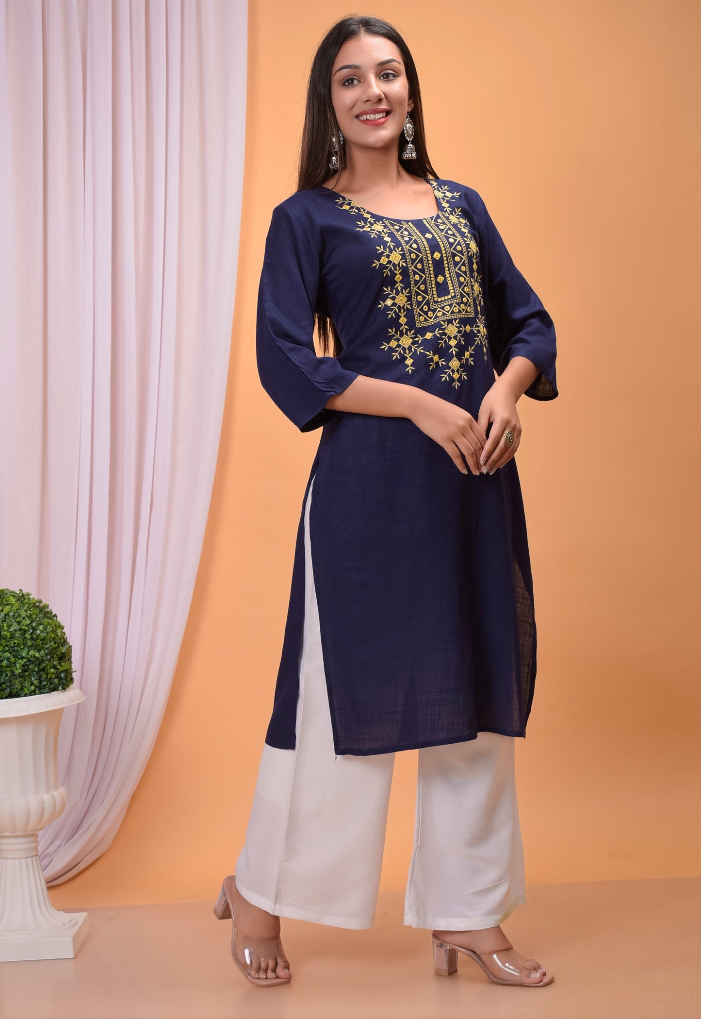 Blue Embroidered Kurta, Palazzo Dupatta Set