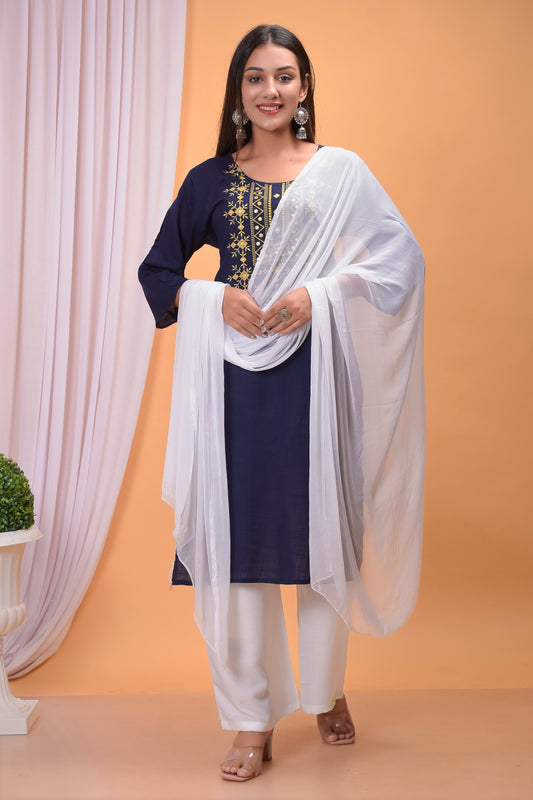 Blue Embroidered Kurta, Palazzo Dupatta Set