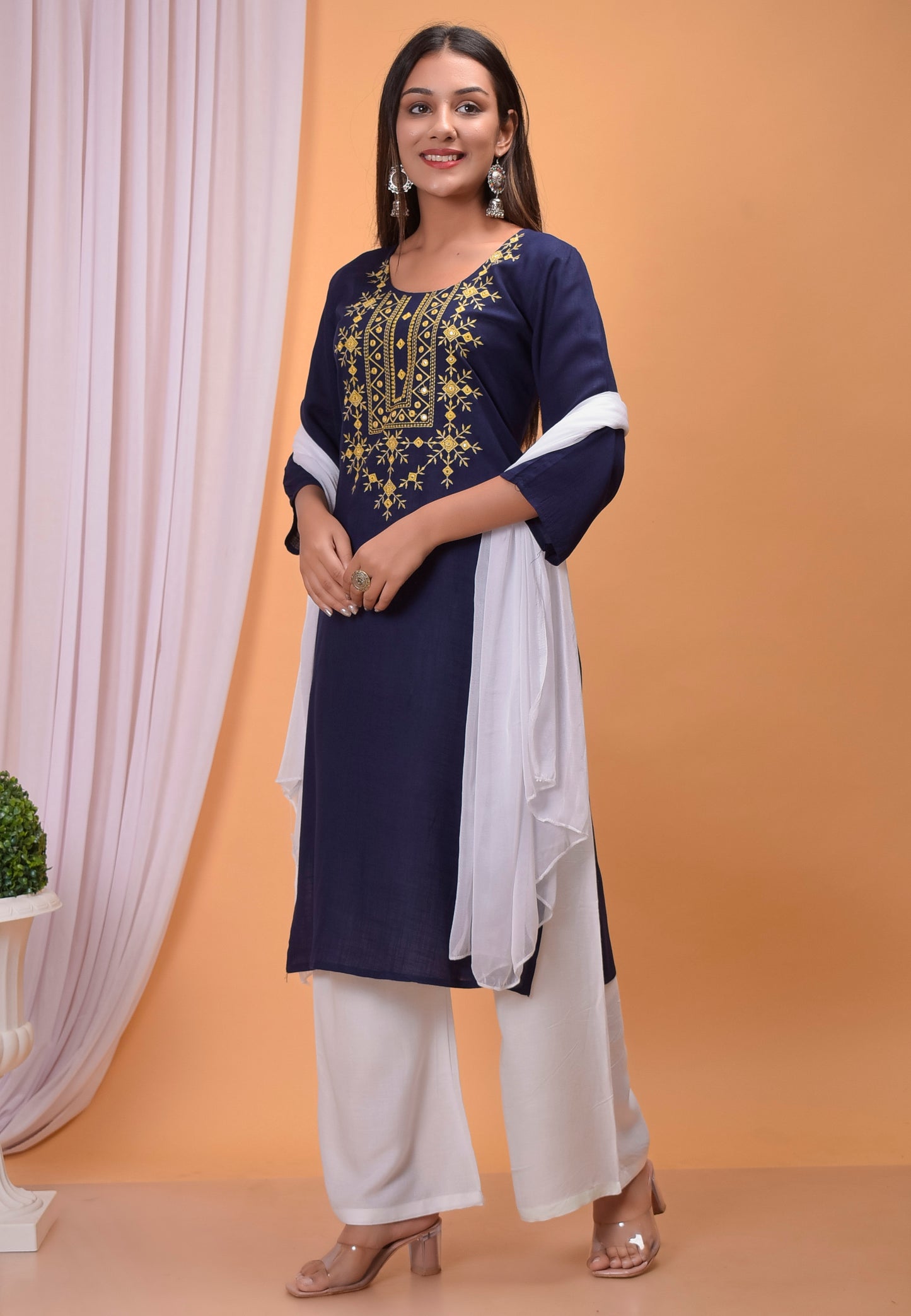 Blue Embroidered Kurta, Palazzo Dupatta Set