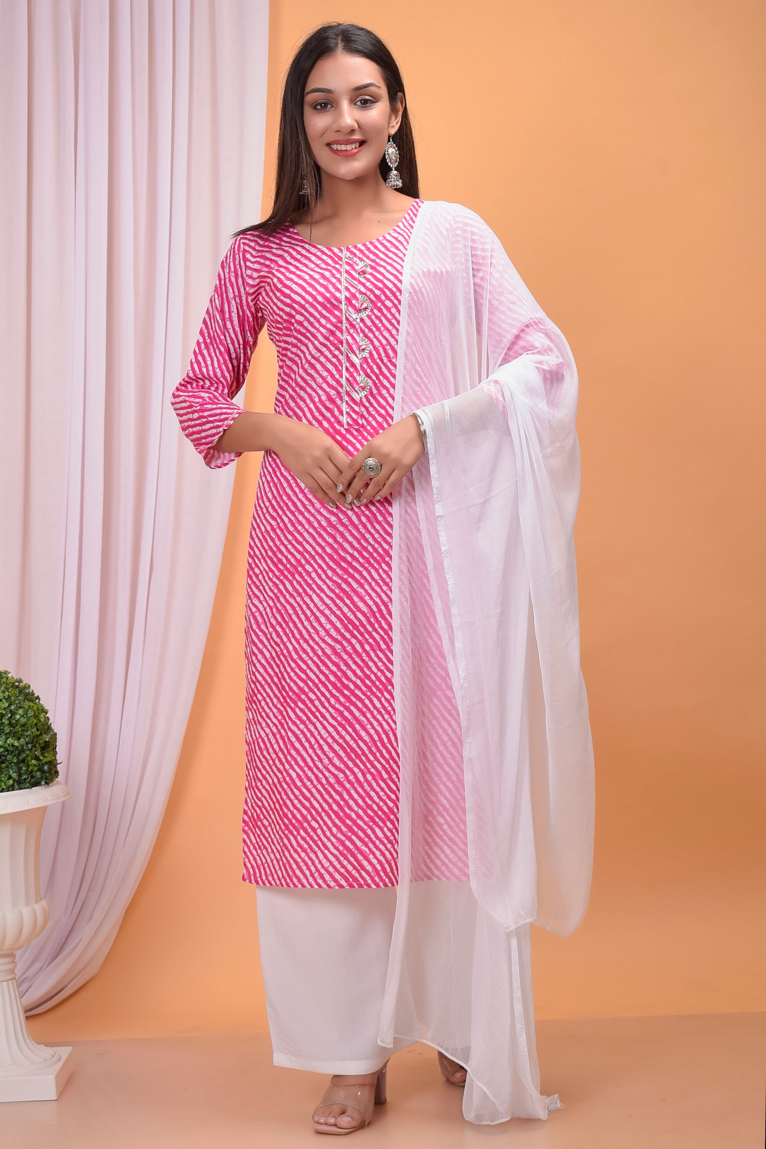 Rani Pink Pure Cotton Kurti, Pant, and Orgenza Dupatta Set with Embroi –  Inayakhan Shop