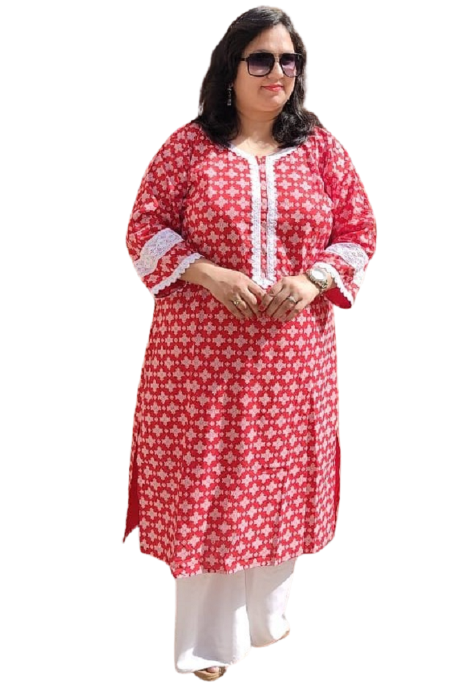 Designer Red printed Kurti with lacework