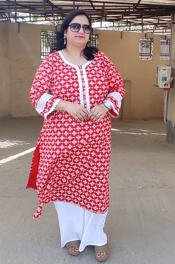 Designer Red printed Kurti with lacework Kurti Plus Size