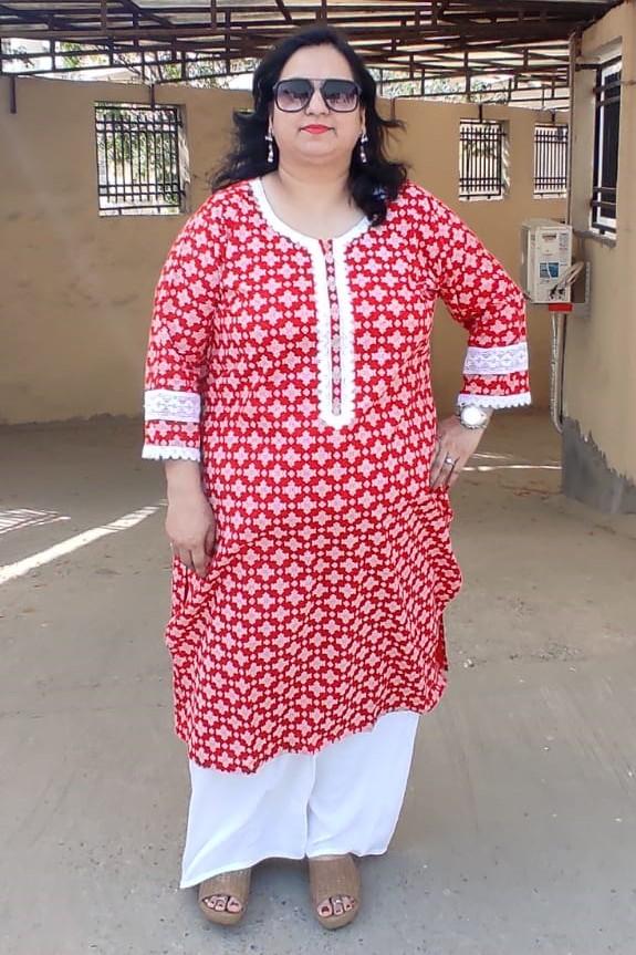 Designer Red printed Kurti with lacework